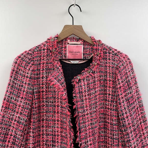 Kate Spade Tweed Open Front Fringe Peacoat Winter Jacket Preppy Pink 6 - Picture 5 of 11